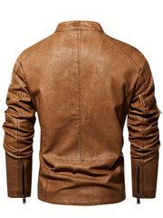 PU Biker Jacket Men's Casual Zip Up Stand Collar Faux Leather Jacket