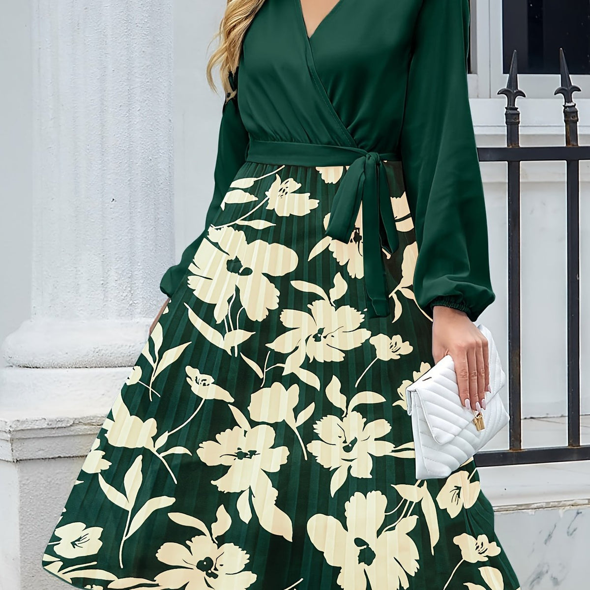  Colorblock Floral Print Lantern Sleeve Pleated Dress