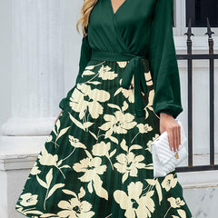 Colorblock Floral Print Lantern Sleeve Pleated Dress