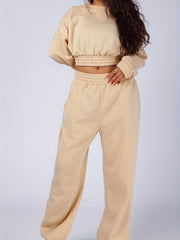  Solid Shirred Long Sleeve Crop Top & Jogger Sweatpants Set
