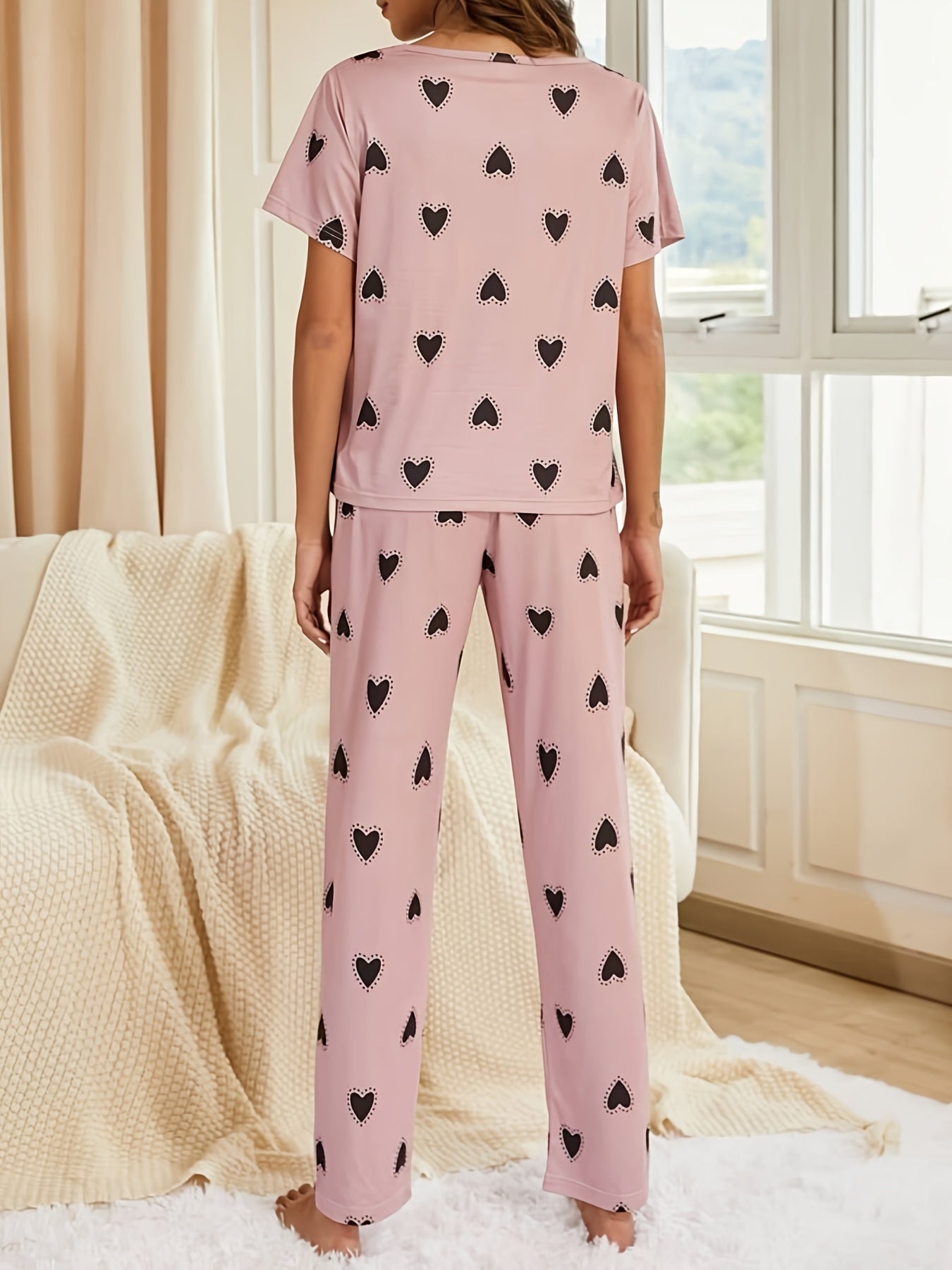 Heart Print Pajamas Set Short Sleeve Tee Top & Pants PJ Set