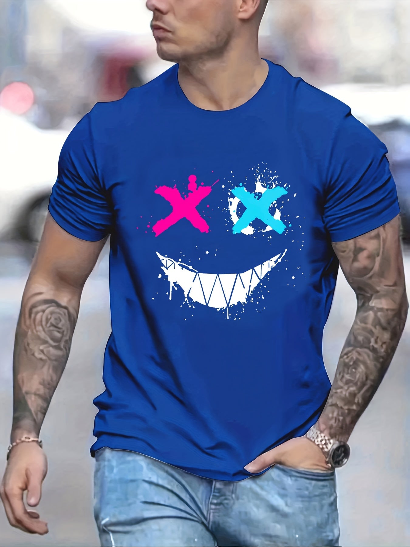 Cross Eyes Smile Face Print Men's Graphic T shirt Casual Comfy Tees