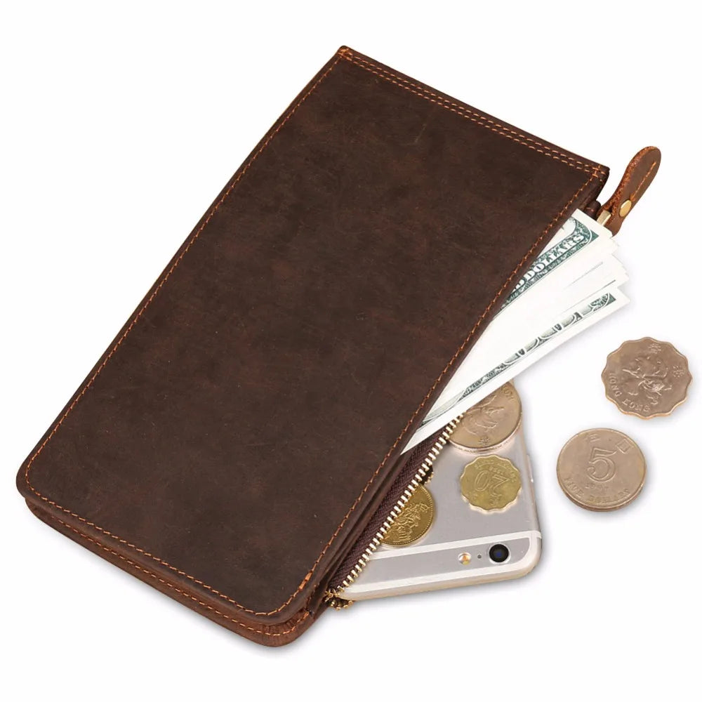 High Retro Cow Crazy Horse Leather Men Long Wallet