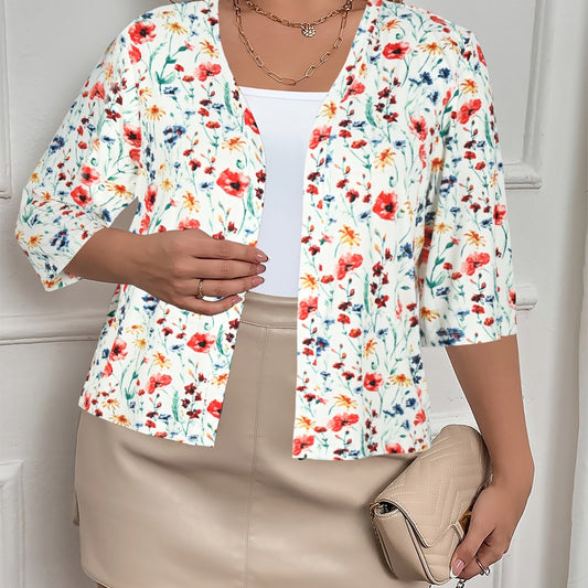 Plus Floral Print Half Sleeve Open Front Cardigan