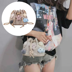 Canvas Drawstring Bucket Bag with Metal Chain for Women