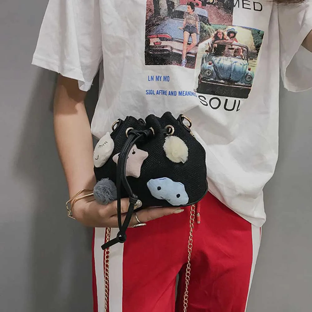 Canvas Drawstring Bucket Bag with Metal Chain for Women