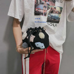 Canvas Drawstring Bucket Bag with Metal Chain for Women