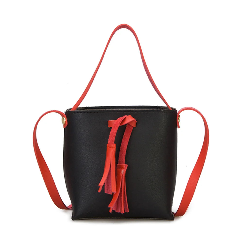Women's Candy Shoulder Bag PU Leather Handbag Tassel Bucket Tote