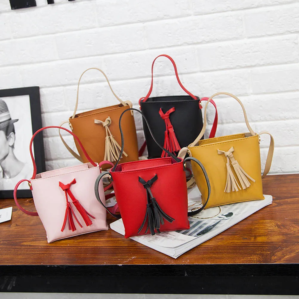 Women's Candy Shoulder Bag PU Leather Handbag Tassel Bucket Tote