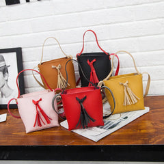 Women's Candy Shoulder Bag PU Leather Handbag Tassel Bucket Tote