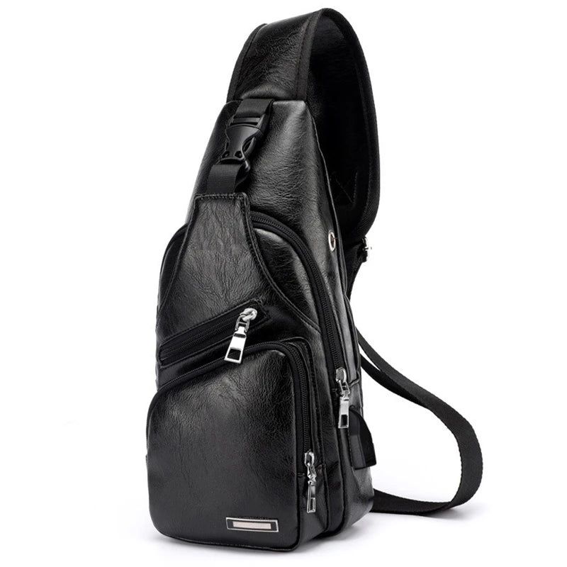 Men's Crossbody Bags USB Chest Bags Messenger Leather Shoulder Bags