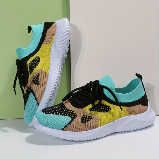Women's Knit Sneakers Lace Up Running Shoes Breathable Non-slip Colorblock Shoes
