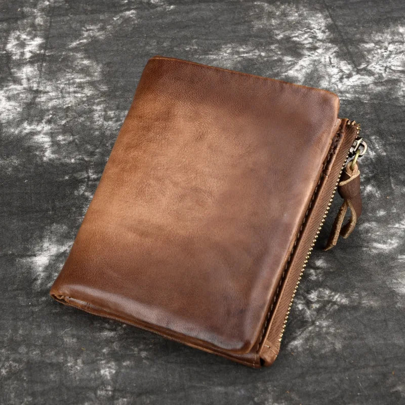 Men's Vintage Leather Double Zipper Wallet Clutch Bag