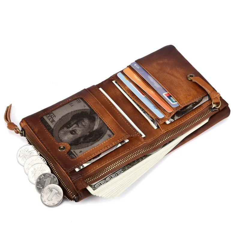 Men's Vintage Leather Double Zipper Wallet Clutch Bag