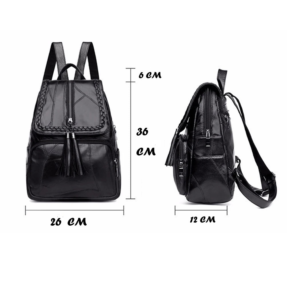 Retro Zipper Ladies Backpack PU Leather High Tassel School Bag Shoulder Bag