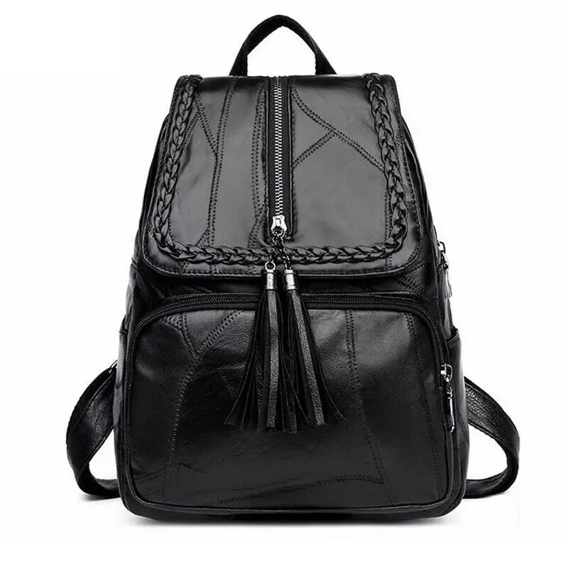 Retro Zipper Ladies Backpack PU Leather High Tassel School Bag Shoulder Bag