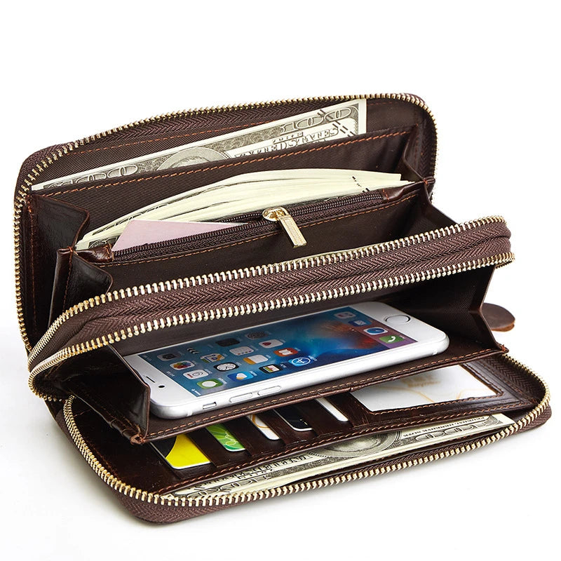 Men Wallet Retro Purse Leather Double Zipper Business Clutch Bag