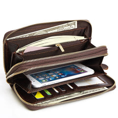Men Wallet Retro Purse Leather Double Zipper Business Clutch Bag