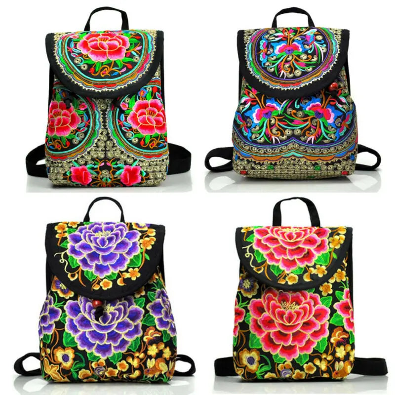 Chinese Style Peony Flower Embroidered Canvas Travel Backpack