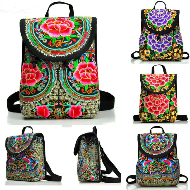 Chinese Style Peony Flower Embroidered Canvas Travel Backpack