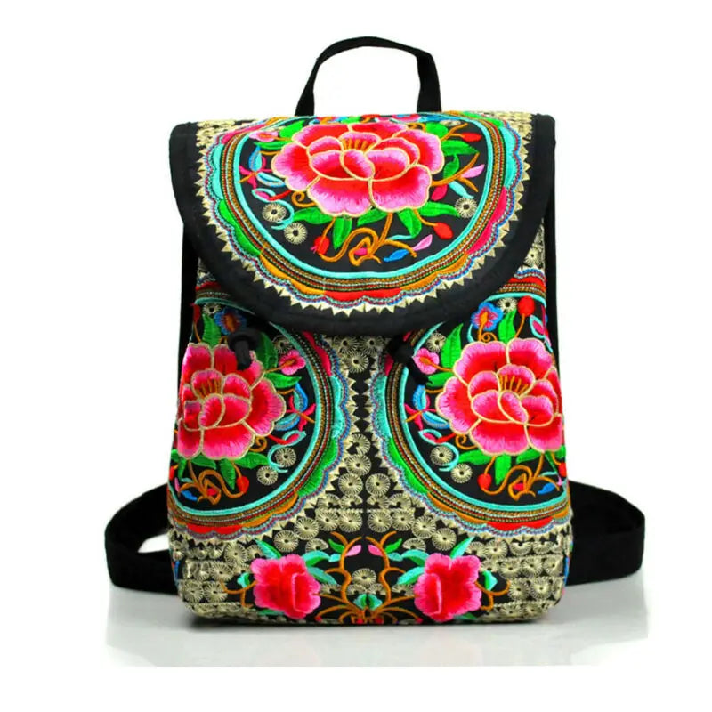 Chinese Style Peony Flower Embroidered Canvas Travel Backpack