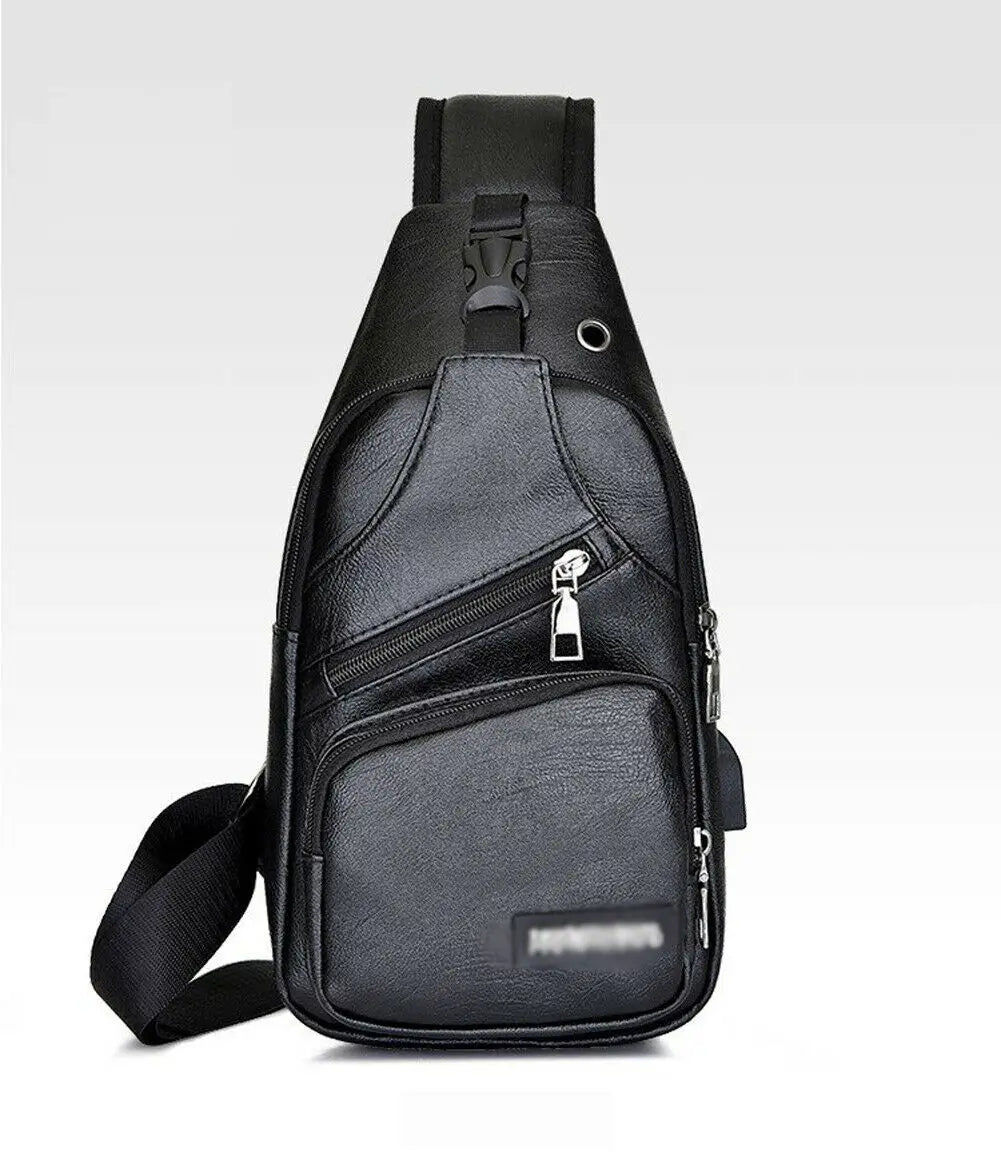 Men's PU Shoulder Bag Sling Chest Pack USB Charging Sports Crossbody Waist Packs