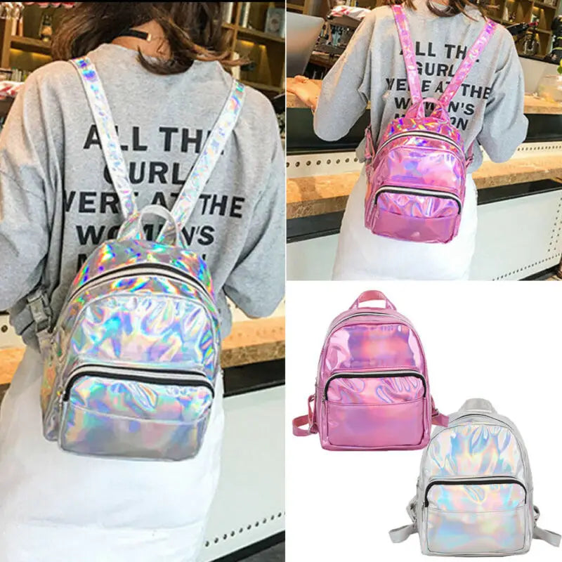 Women Laser Holographic Backpack Student School Bag Hologram Rucksack