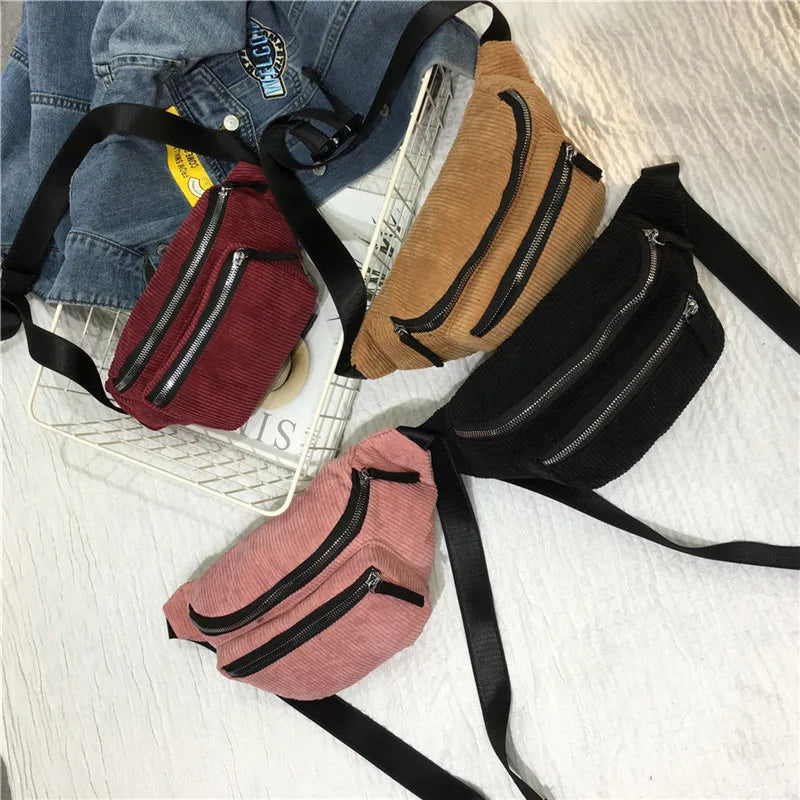 Solid Women Corduroy Waist Fanny Packs Belt Bag Travel Hip Bum Bag