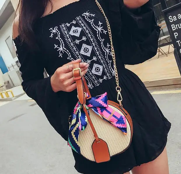 Summer Round Straw Beach Bag Portable Beach Bag