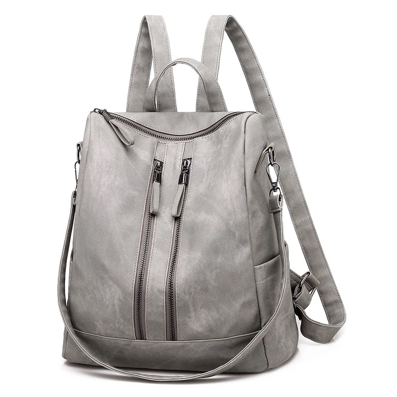 Women PU Leather Backpack High Rucksacks For Girl Solid Travel Bagpack