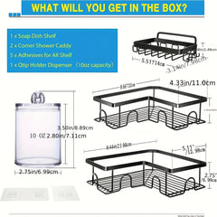 Stainless Steel Corner Shower Caddy with Soap Holder & Canister & Hooks