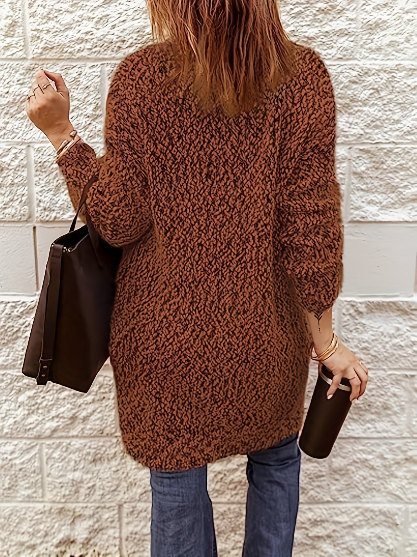  Solid Open Front Fuzzy Knit Cardigan