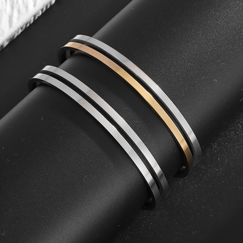 Stainless Steel Double Stripe Cuff Bracelet - Adjustable Hollow Design