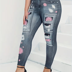  Denim & Floral Print High Rise Leggings