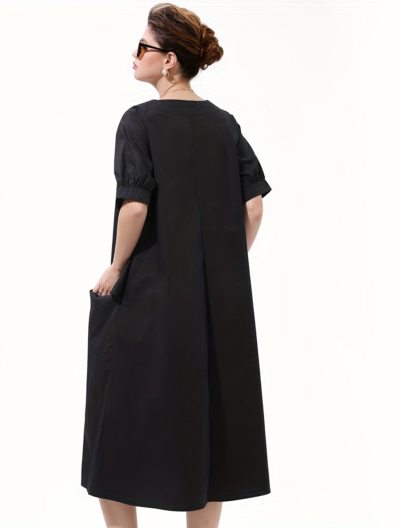  V-Neck Button Decor Loose Dress With Pockets