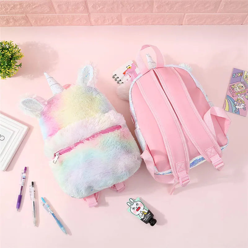 3D Cartoon Unicorn Backpacks Soft Plush Women Bags Girls School Bags