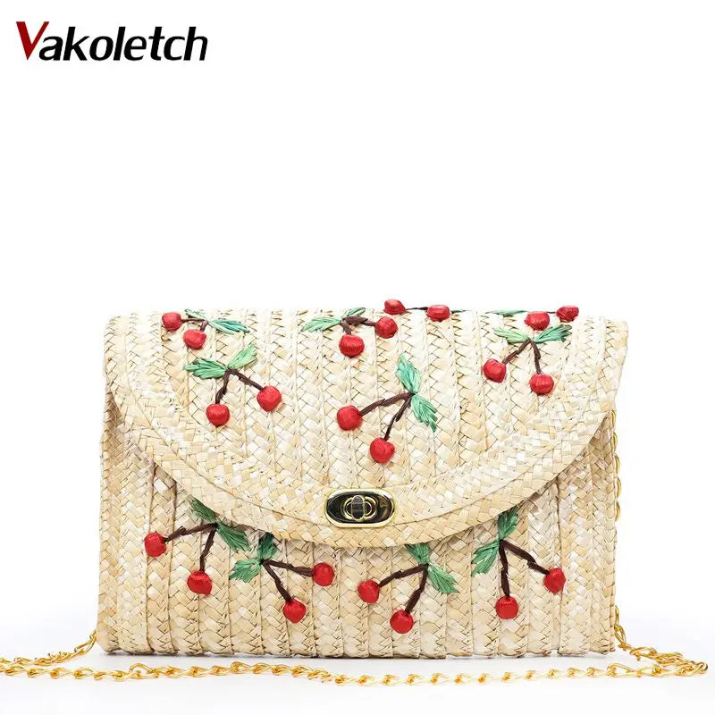 Summer Cherry & Banana Straw Messenger Bag