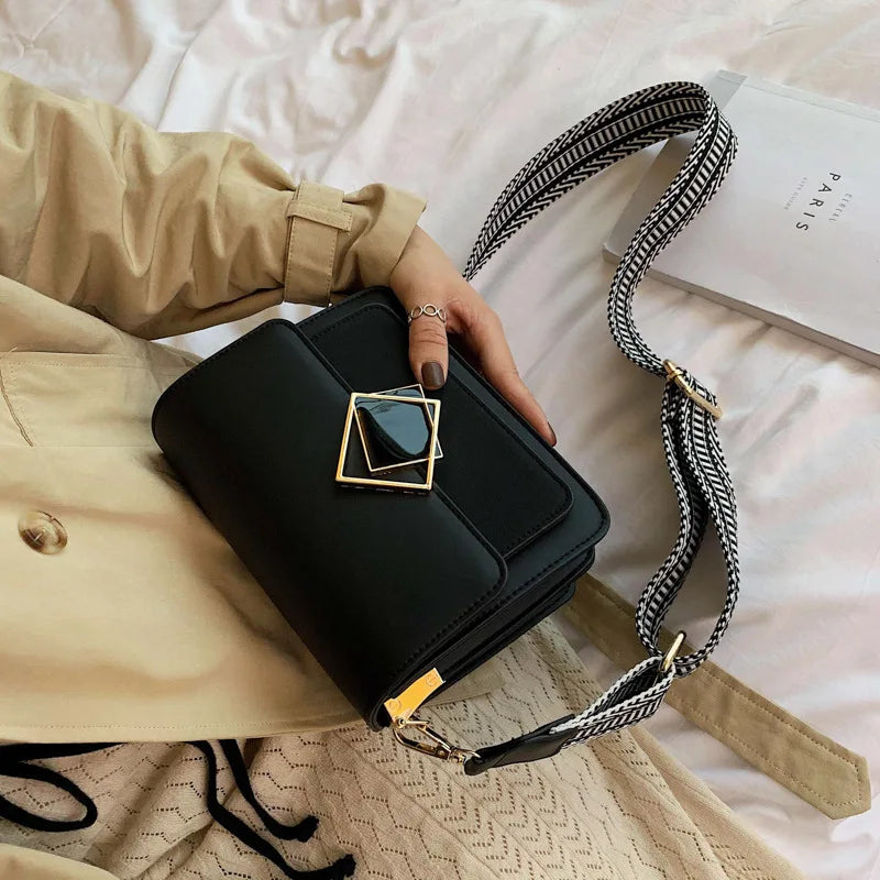 Leather Crossbody Bag with Special Lock and Wide Strap
