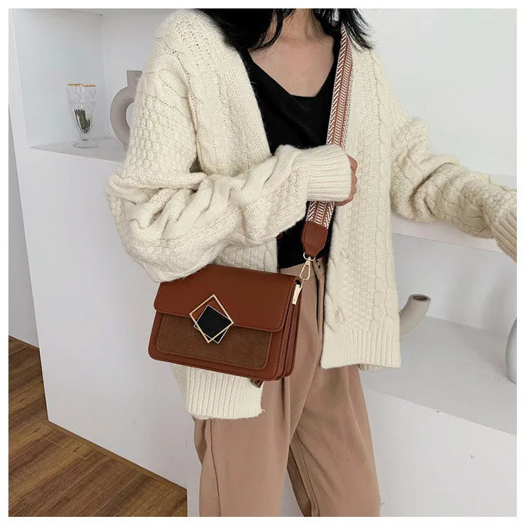 Leather Crossbody Bag with Special Lock and Wide Strap