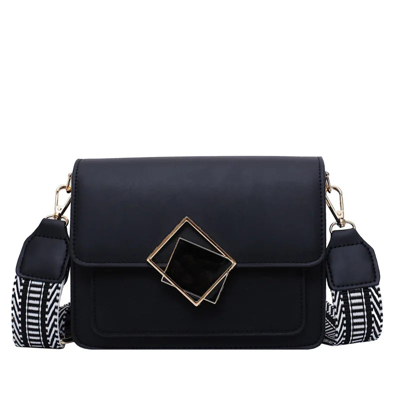Leather Crossbody Bag with Special Lock and Wide Strap