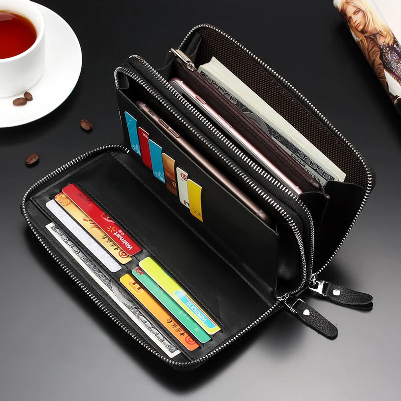 Men's Leather Clutch Wallet Double Zipper Purse Phone Bag
