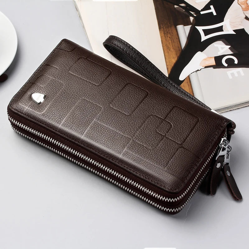 Men's Leather Clutch Wallet Double Zipper Purse Phone Bag