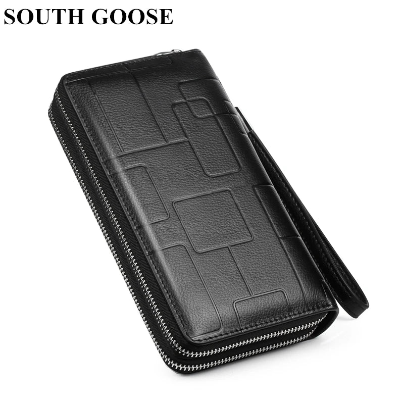 Men's Leather Clutch Wallet Double Zipper Purse Phone Bag