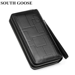 Men's Leather Clutch Wallet Double Zipper Purse Phone Bag