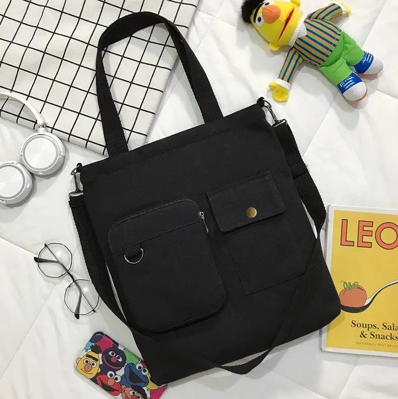 Canvas Double Front Pockets Ladies Shoulder Bag
