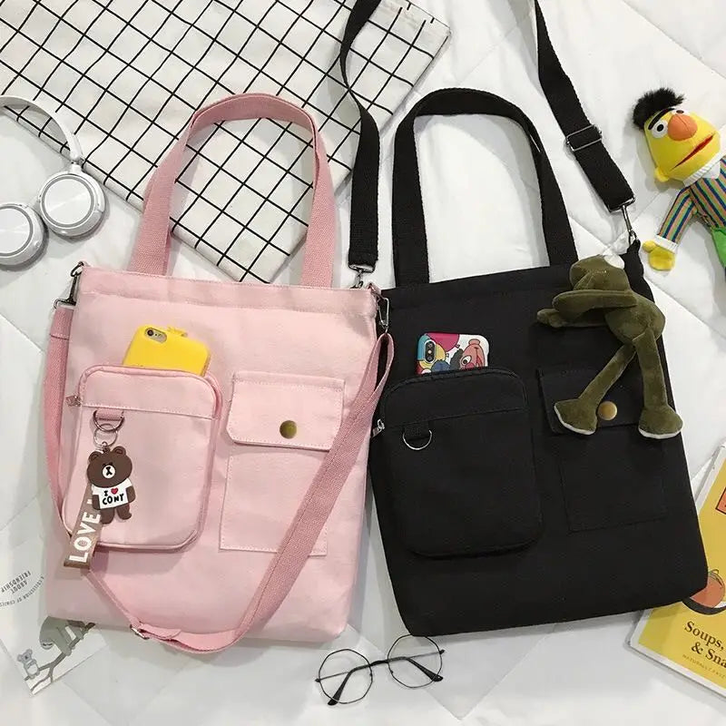 Canvas Double Front Pockets Ladies Shoulder Bag