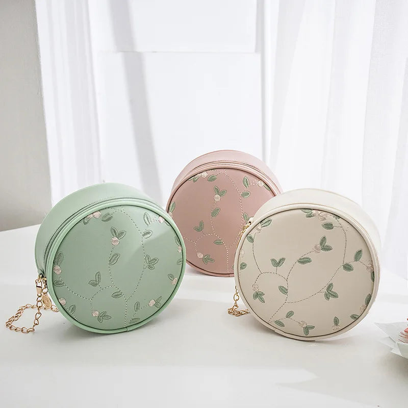 Embroidery Handbag Crossbody Bag Leaves Pattern Round Bag for Women