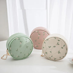 Embroidery Handbag Crossbody Bag Leaves Pattern Round Bag for Women