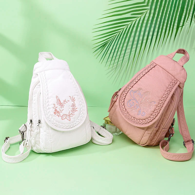 Floral Embroidered Leather School Backpack for Teen Girls