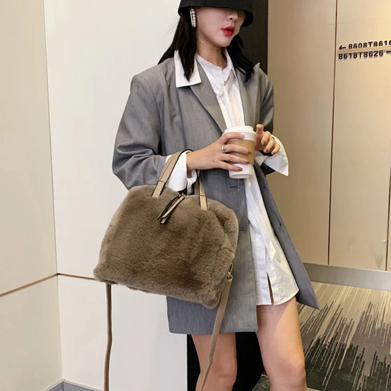 Soft Plush Winter Crossbody Tote Bag for Women